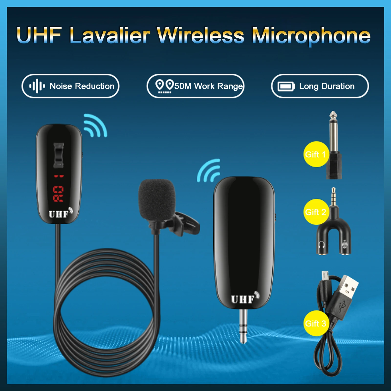 

UHF Wireless Lavalier Microphone Lavalier Lapel For Live Stream Vlog For iPhone Android Phone 50m Range With Adapter DSLR