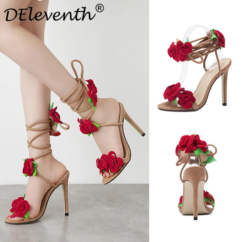 

women's sandals Rose Lace up high heel women's shoes large 42 flower shoes heeled