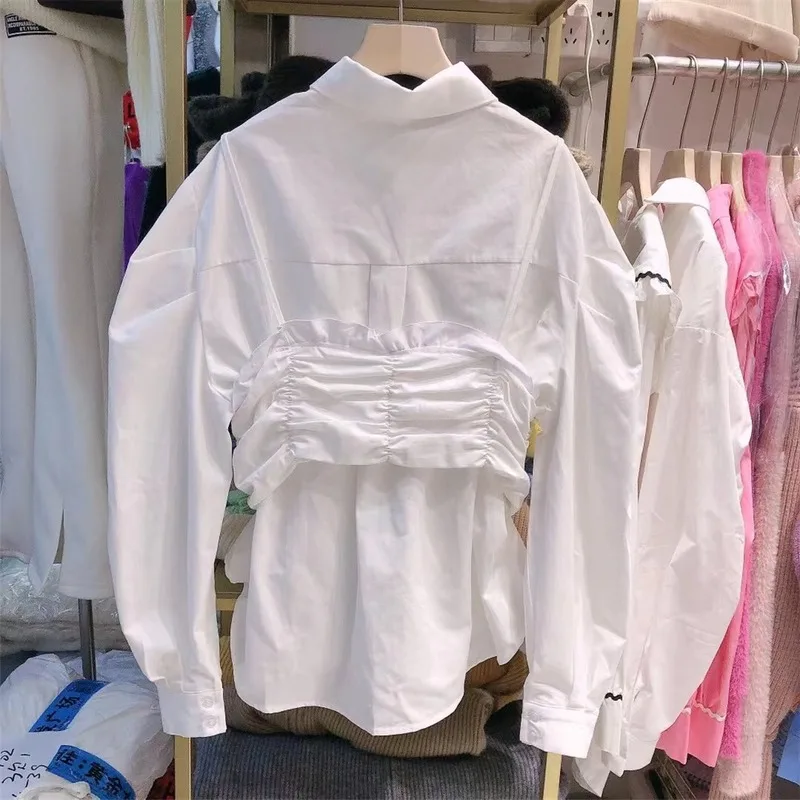 

KUSAHIKI Women Blouse 2 Pieces Sets Puff Sleeve Turn-down Collar Blusas Shirt + Pleated Sling Vest Korean Spring Suits 6E660