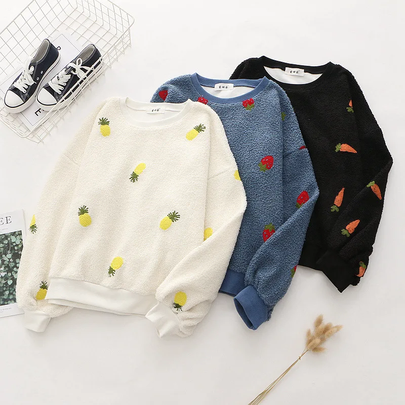 

Autumn Winter Japan Style Sweet Sweatshirts Women Harajuku O Neck Drop Shoulder Fruit Embroidery Loose Fleece Hoodies for Girls