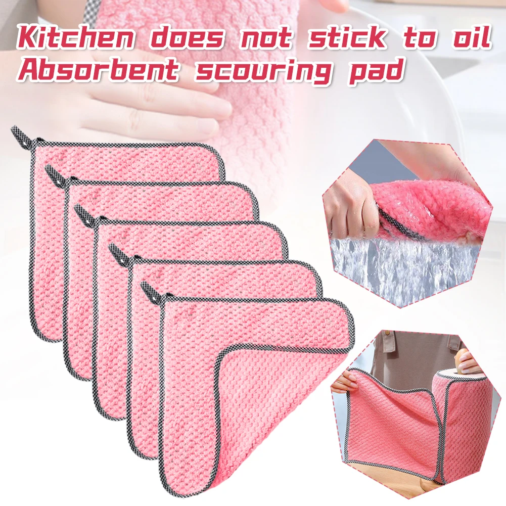 

5pcs Kitchen Daily Dish Towel Dish Cloth Kitchen Rag Non-stick Oil Thickened Table Cleaning Cloth Absorbent Scouring Pad 25*25cm