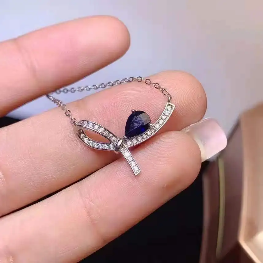 

925 Sterling Silver Simple And Exquisite Bow Shape Clavicle Chain With Blue Zircon Pendant Necklace For Ladies Party Jewelry