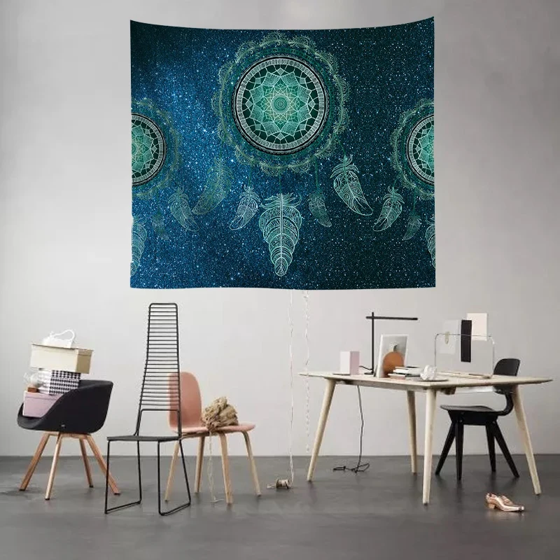 Dream Catcher Tapestry Vintage Painting with Feather Pattern Bedroom Decoration Cloth Livingroom Background Cloth-Green | Дом и сад