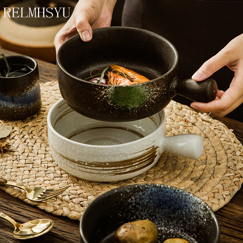 

1PC RELMHSYU Japanese Style Ceramic Retro tray 8Inch Baking Simple Salad Tray Ramen Instant Noodle Dinner Bow Home Tableware
