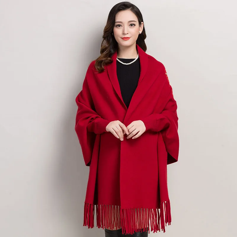 Same Color As Photo Япония Корея наружная уличная одежда вышитый цветок шарф с бисером зима роскошное бархатное пончо Женская Длинная накидка с рукавами - Цвет: Same Color As Photo