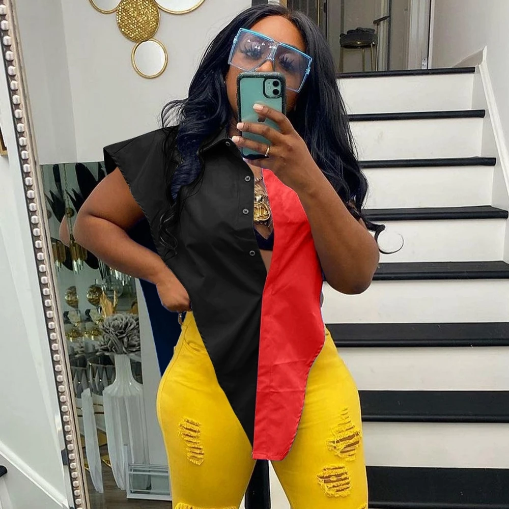 Женская блузка на пуговицах свободная без рукавов с асимметричным подолом в