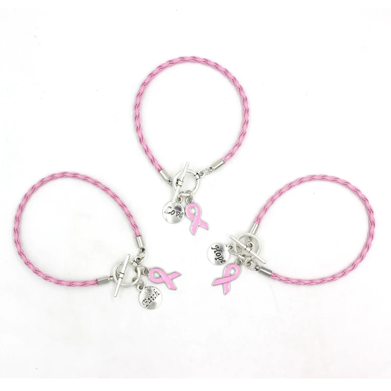 

New Arrival Awareness Jewelry PU Pink Leather Rope With Pink Ribbon Faith Hope Breast Cancer Bracelets Bangles For Women Pulsera