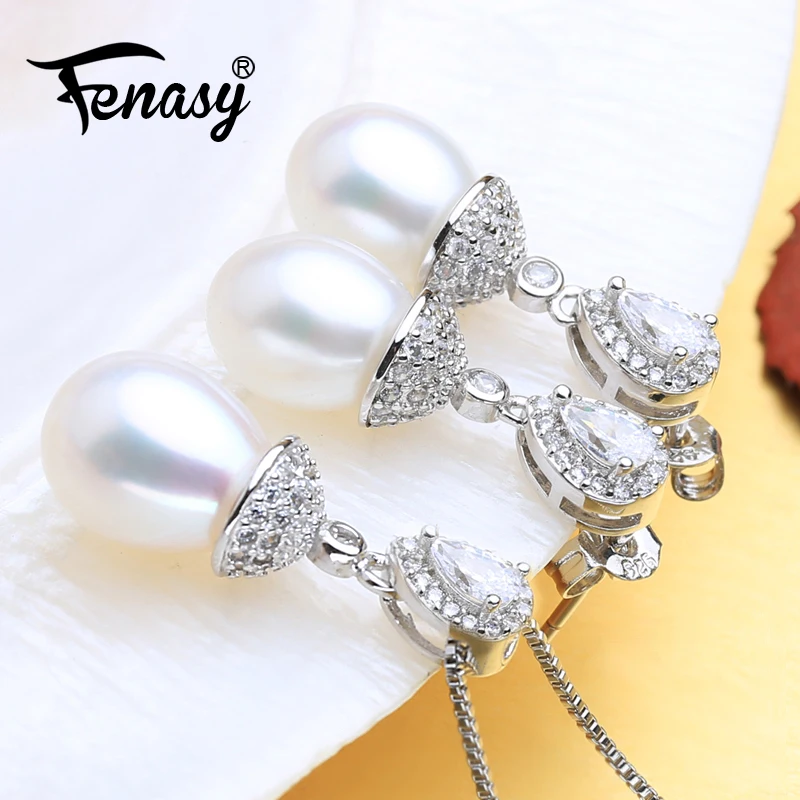 

FENASY Natural Freshwater Pearl Jewelry Sets 925 Sterling Silver Necklace For Women Wedding Jewelry sets With Drop Earrings