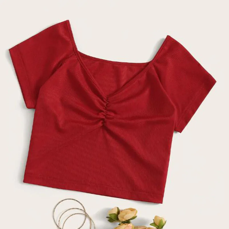 

Футболка женская базовая с V-образным вырезом, Базовая рубашка с коротким рукавом, удобная одежда, лето 2021