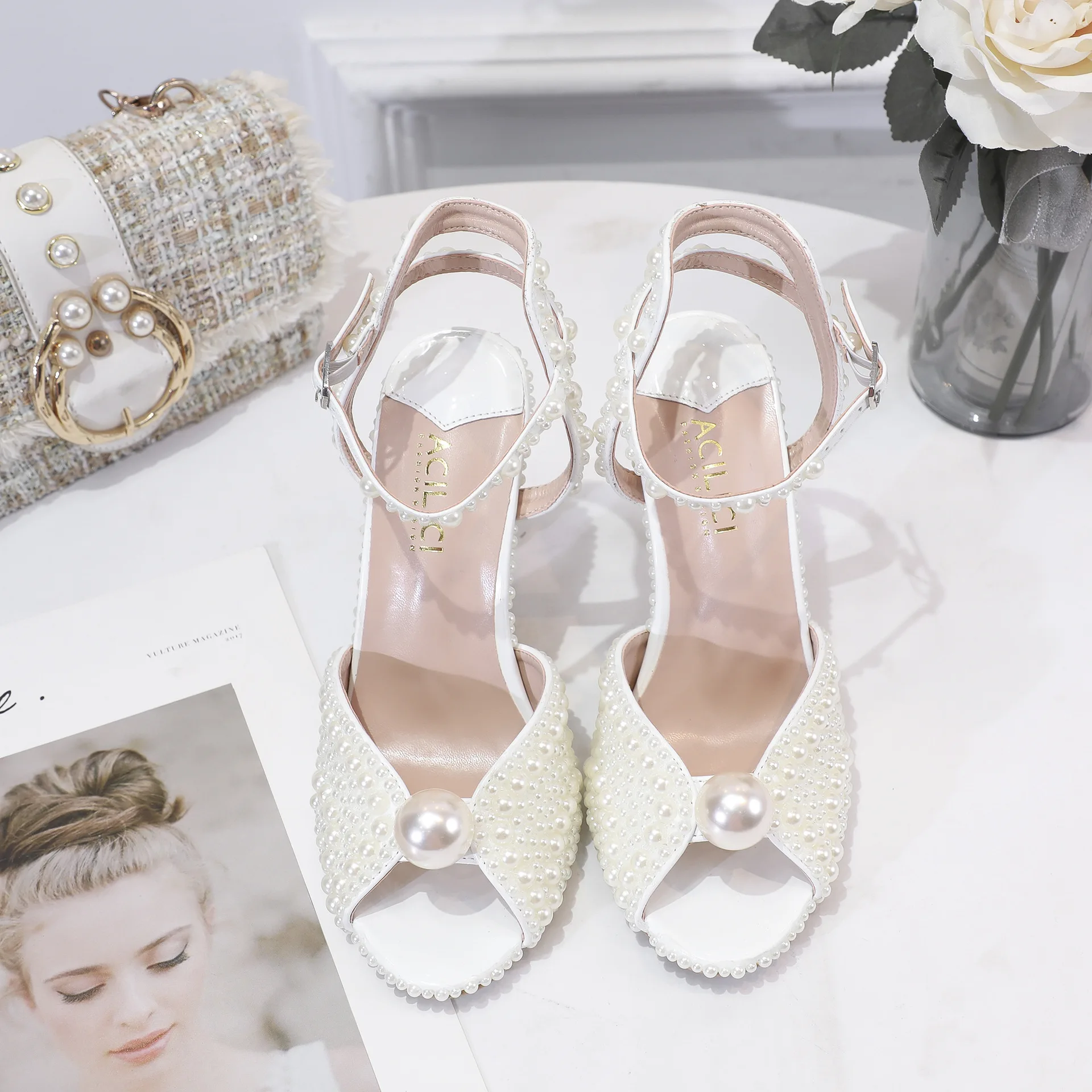 

2020 Fairy Style Women Handmade Pearl Thin Heeled A- Line Wedding Shoes Woman Office Banquet Fish Mouth High Heels Sandals 41 41