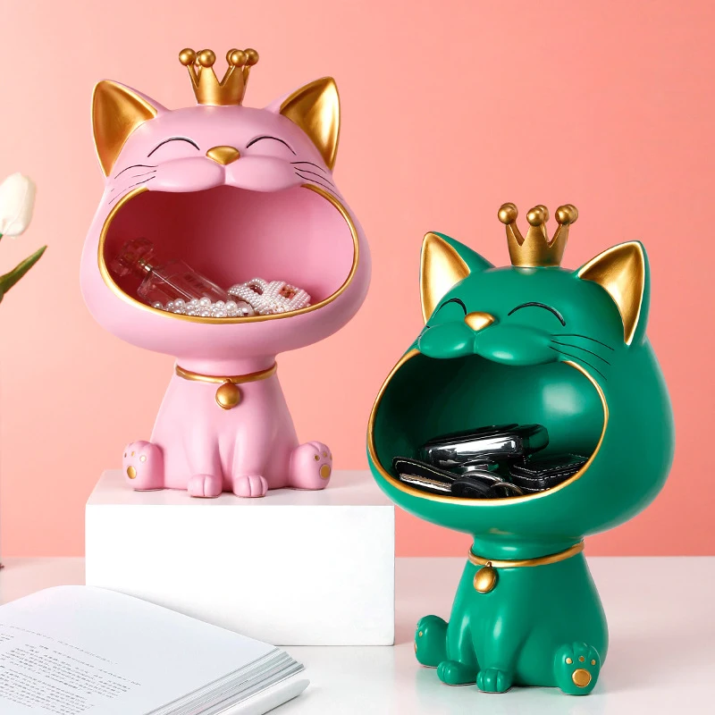 

Lucky Cat Statue Sculpture Table Decoration Figurine Sundries Storage Box Modern Living Room Desk Home Decor