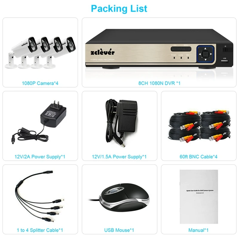 1080P Домашняя безопасность Камера Системы, Zclever 8CH наблюдения DVR для наблюдения за состоянием труб 4/8 шт. 2.0MP всепогодный IP66 пуля Камера s Ночное видение
