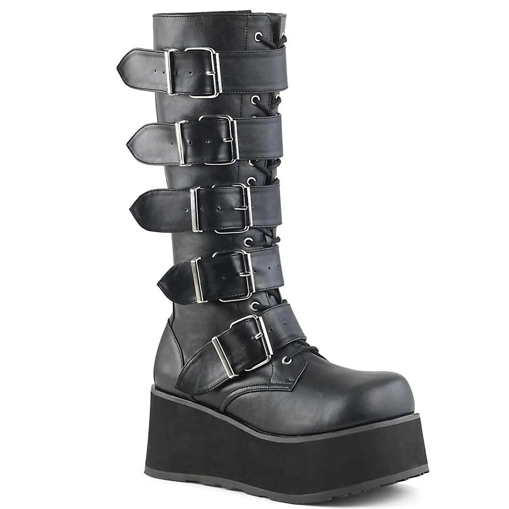 sarairis ins brand hot sale motorcycle boots wedges zip solid high heel buckle platform mid calf punk goth cosplay women boots free global shipping