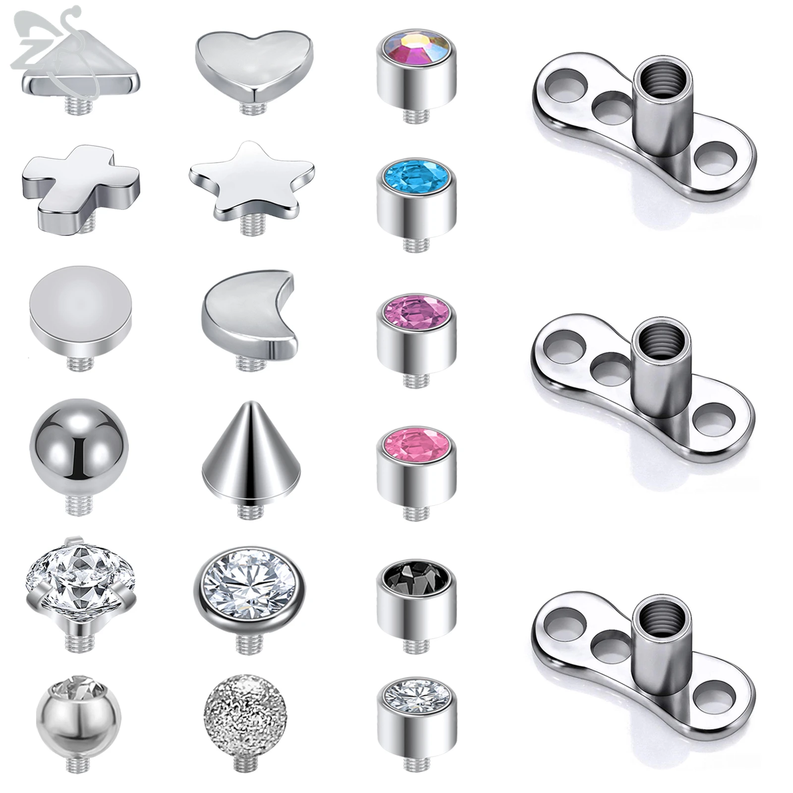 

ZS 15/19 PCS Micro Dermal Piercing Set 316L Stainless Steel Dermal Anchor Surface Piercings CZ Crystal Skin Diver Body Jewelry