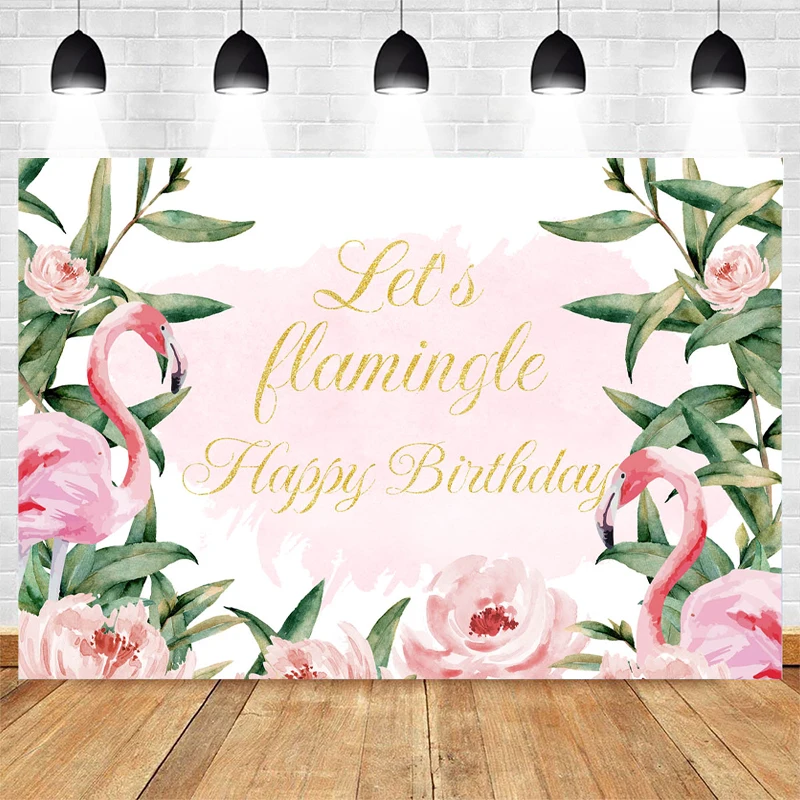 Фон для фотосъемки с изображением розового фламинго и тропических цветов
