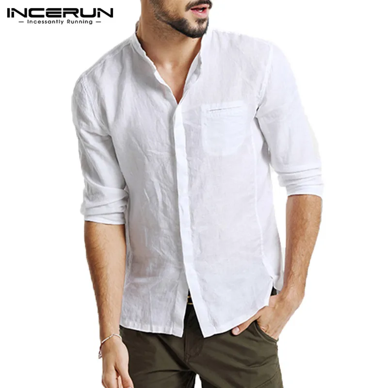 

INCERUN 2021 модная мужская рубашка 3/4 рукав, воротник-стойка, воротник-стойка на пуговицах повседневные топы уличная однотонная хлопковая Цвет д...