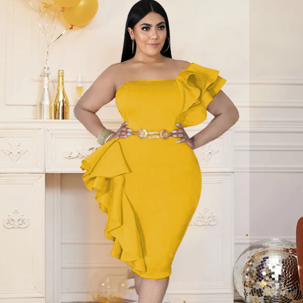 

One Shouder Dress Plus Size Women Sexy Backless Bodycon Ruffles Evening Birthday Cocktial Event Curve Dresses 4XL 5XL for Ladies