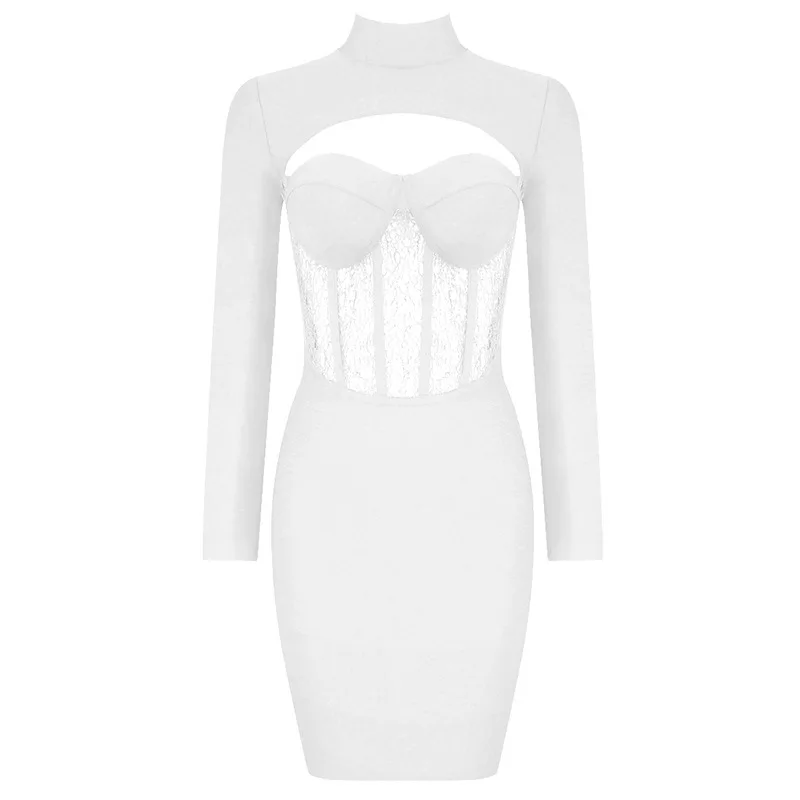 

Fashionable Women Party Dress Sexy Long Sleeve Half High Collar Hollow One Piece Dress Bodycon Lace Patchwork Boutique