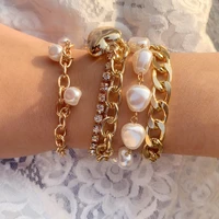 punk gothic imitation pearls heart pendant bracelets set pulseras female vintage tennis chain bracelets bangles couple jewelry