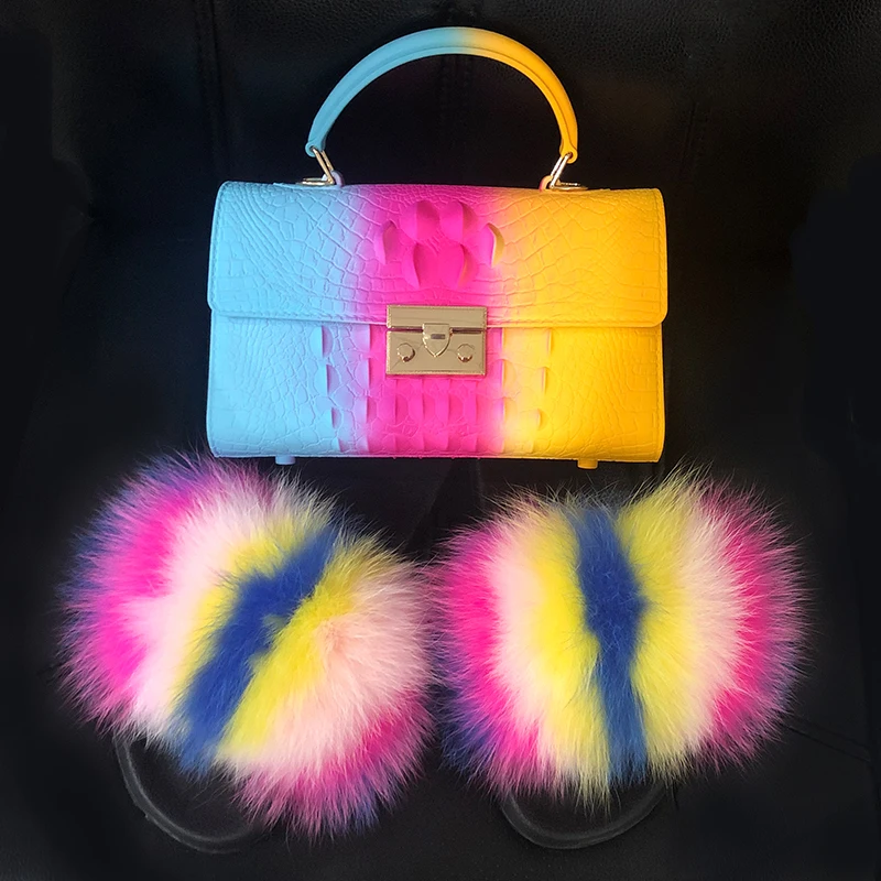 

Women Fluffy Fur Slippers Crossbody Bag Colorful Jelly Bag Matching Fashion Fox Fur Slides Warm Shoes Female Amazing Shoes 2020