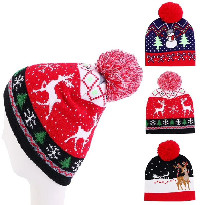 

Вязаная Шапка-бини с мультяшным рисунком, зимняя женская шапка с помпоном в виде снежинки, Санта-Клауса, лося, рождественский подарок, шапка