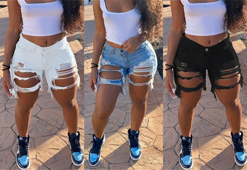 

European and American BF Summer Wind Female High Waist Denim Shorts Women Worn Loose Burr Hole Jeans Shorts Plus Size