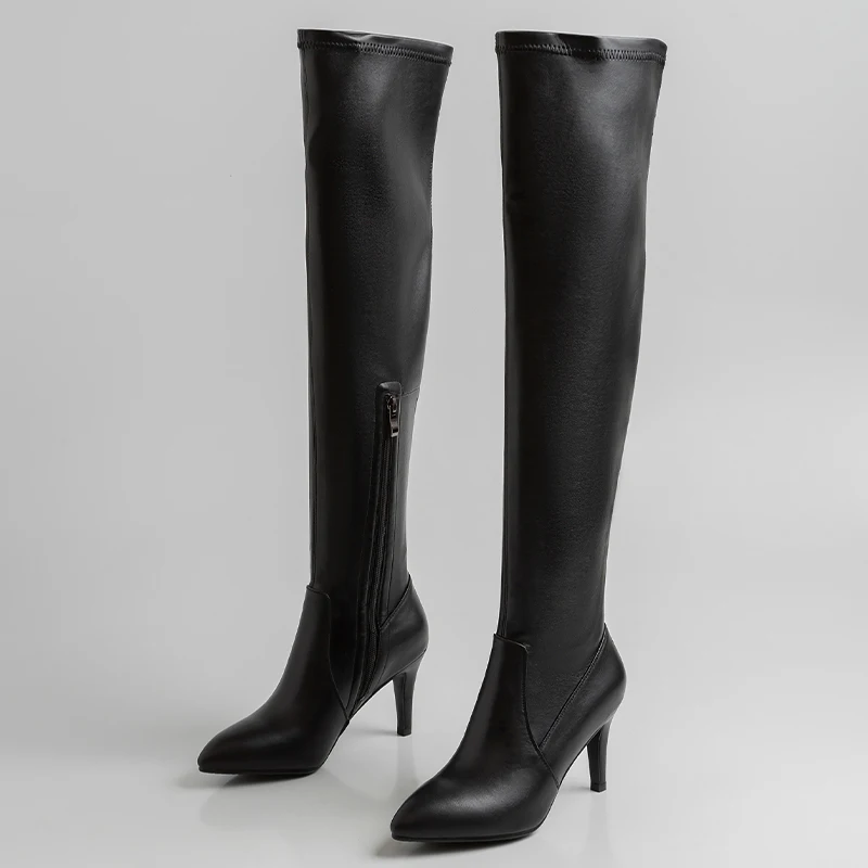 

Сапоги выше колена женские на шпильке, пикантные ботфорты с острым носком, на тонком высоком каблуке, вечерняя Свадебная обувь, черные