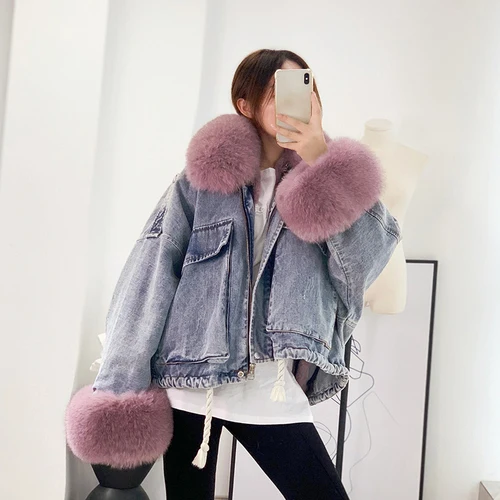 blue coat pink fur Зимняя женская парка с воротником из натурального Лисьего меха, джинсовая куртка с подкладкой из кроличьего меха, большие размеры, короткое пальто, винтажная корейская мода - Цвет: blue coat pink fur