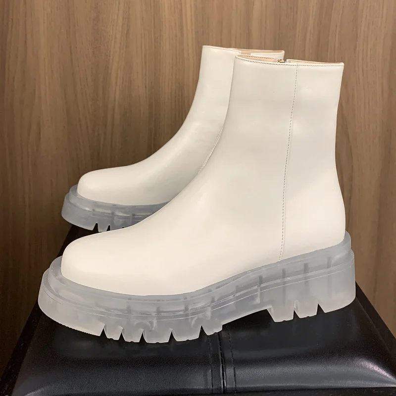 

Bottom Jelly Martin Women Autumn Winter Leather Side Zipper Knight Boots Versatile Casual Flat Platform Lady Shoes