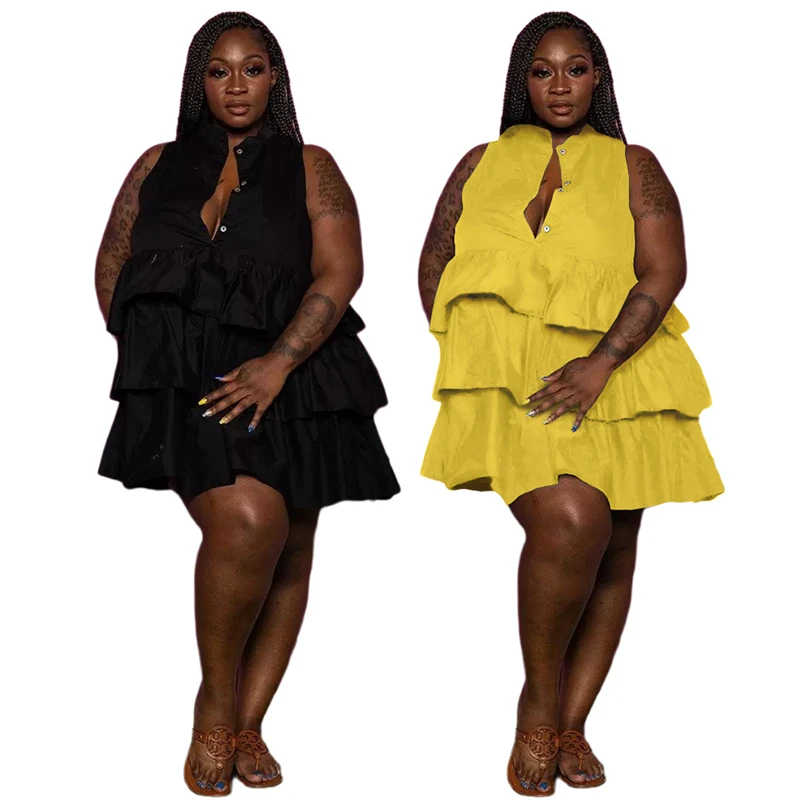 

Plue Size Cascading Ruffle Mini Dress Women A-line Hem Loose Casual Dress Holiday Beach Sun Skirt Solid Robe Mini Cake Skirt