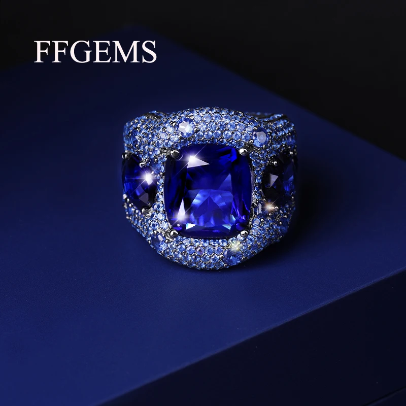 Женское большое кольцо из серебра 100% пробы с синим сапфиром и аквамарином|Кольца|