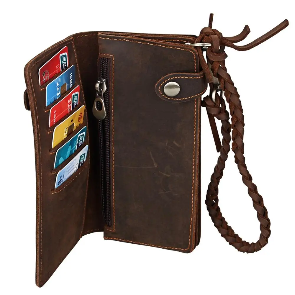 New Fashion Top Layer Cowskin Long Wallet with Braided Hand Strap Vintage Genuine Leather Coin Purse Luxury Card Clutch Bag