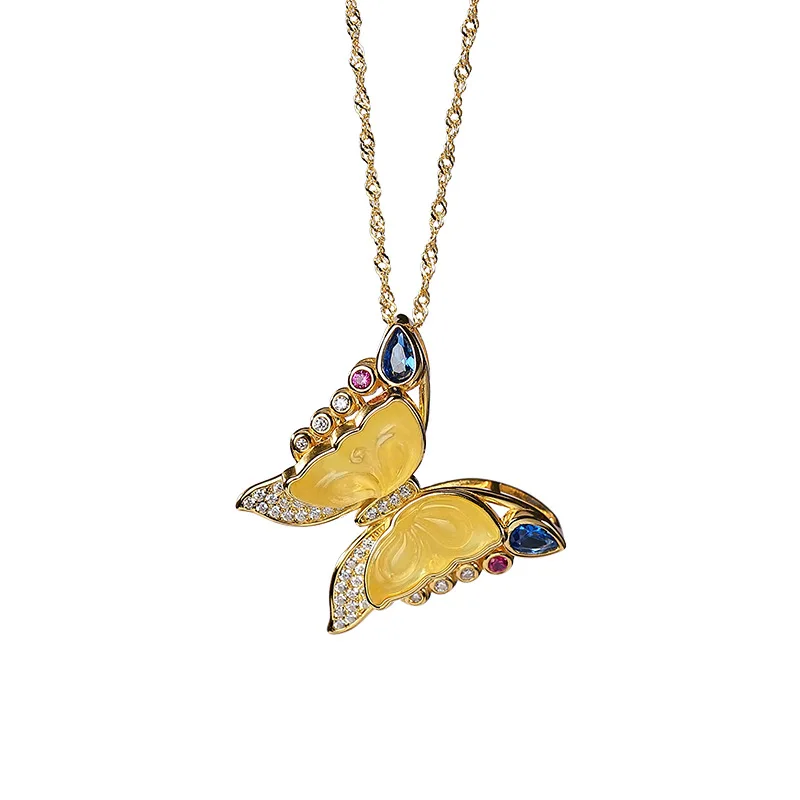 

Fengxiaoling Natural Amber Pendant Necklaces 925 Sterling Silver 14k Gold Vintage Butterfly Necklace Women Anniversary Gifts