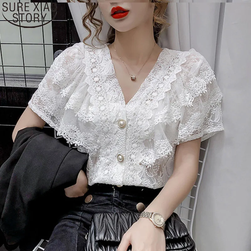 

V-neck Hollow Lace Blouse Women 2022Summer New French Sexy Tops Ruffle Stitching Shirt Female Short Sleeve Crochet Blouse 14175