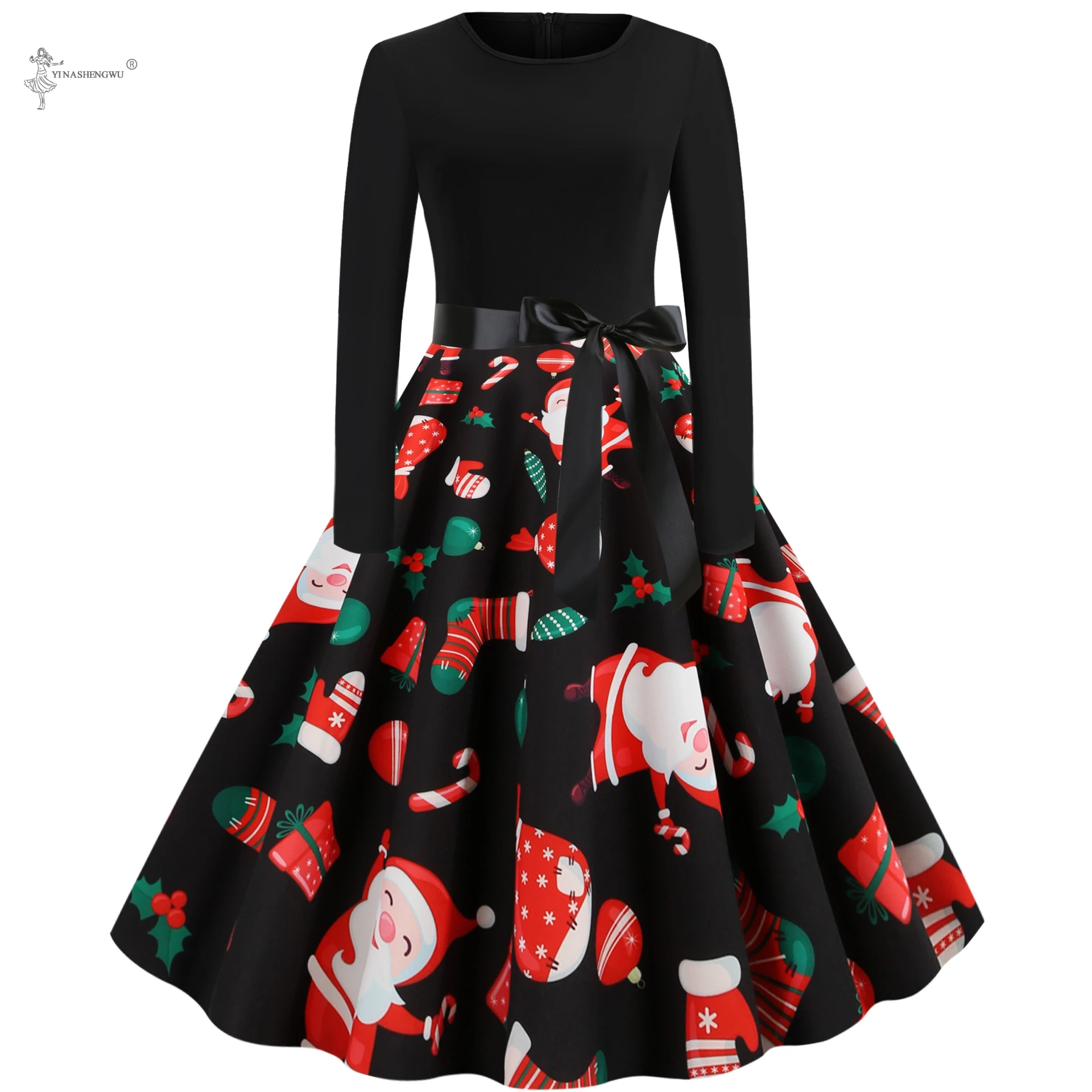 

Plus Size Elegant Printed Christmas long-sleeved Dress Pink Women Vintage Winter Casual O Neck Party Dresses Long Sleeve Robe