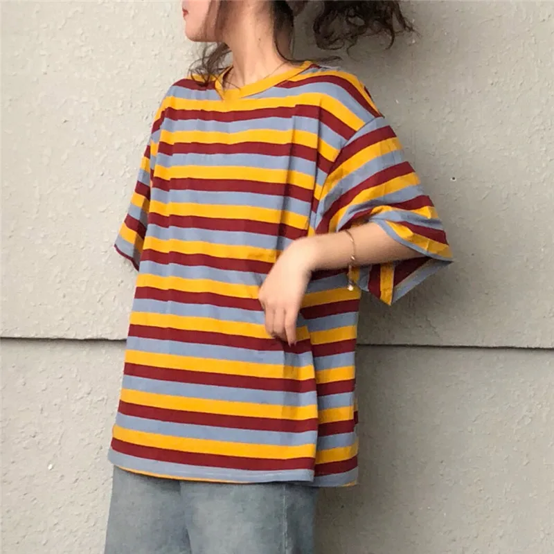 

Футболки в полоску с коротким рукавом и круглым вырезом, женская летняя новая Корейская женская одежда, повседневная футболка, свободные хи...