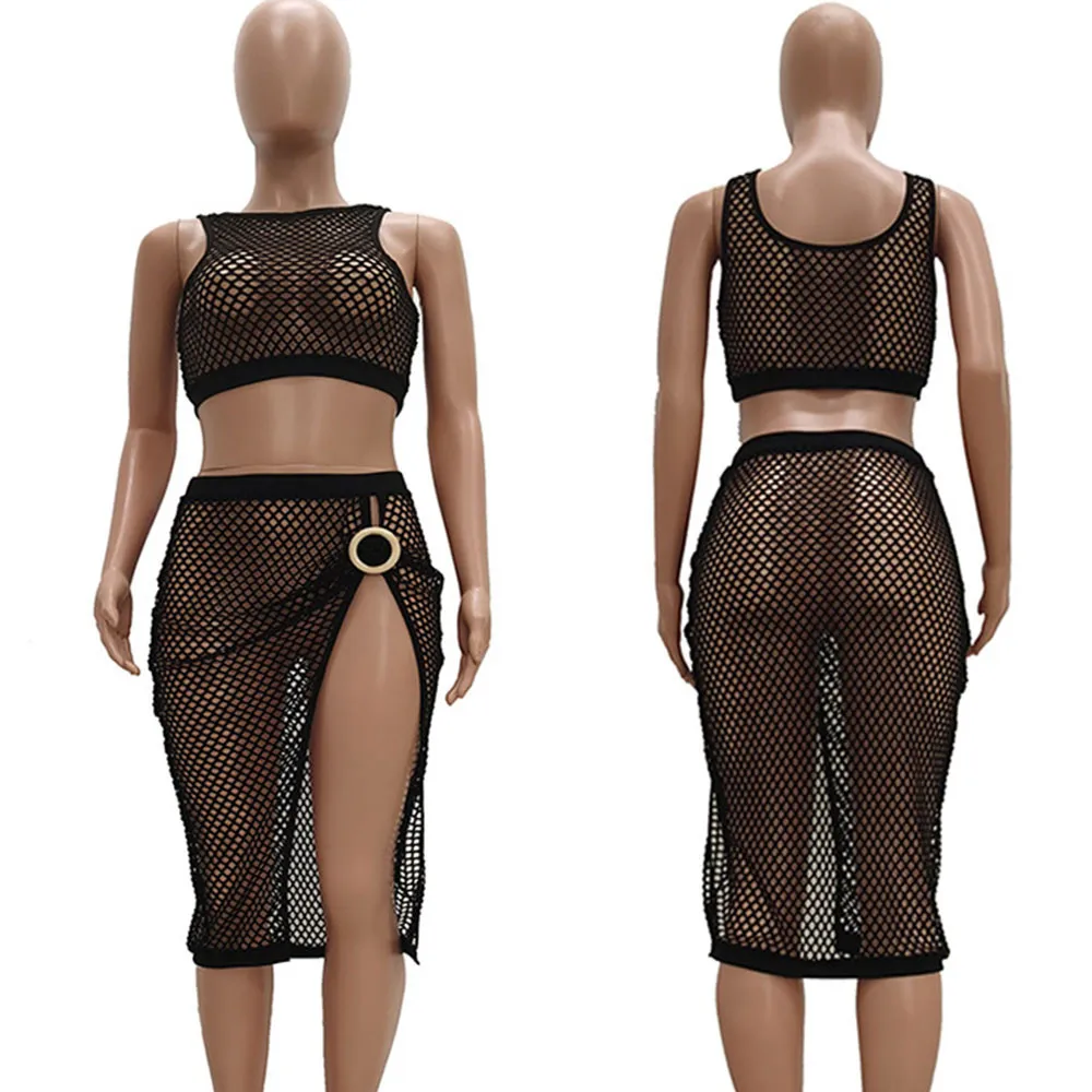 

Mesh Fishnet Sexy Two Piece Skirt Sets for Women Hollow Out Crop Top Circle Midi Skirt Summer Beach Club Outfits Matching Sets