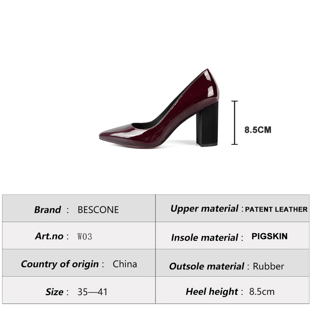 

BESCONE 2019 New Arrival High-quality Patent Leather Woman Shoes Concise Elegant Mature Pumps Square Heel Fashion Shoes W03