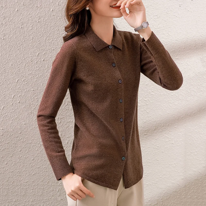 

Cardigan women's 201 new solid color cashmere sweater casual plus size POLO collar knit sweater 100% wool Slim ladies tops shirt
