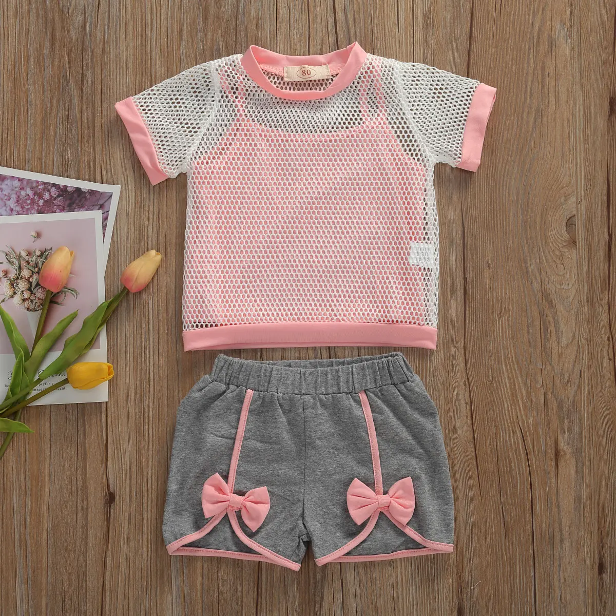 

2021 Toddler Baby Girl Clothes Summer Solid Color Sling Vest Tops Net T-Shirt Short Pants Outfits Clothes Summer Set