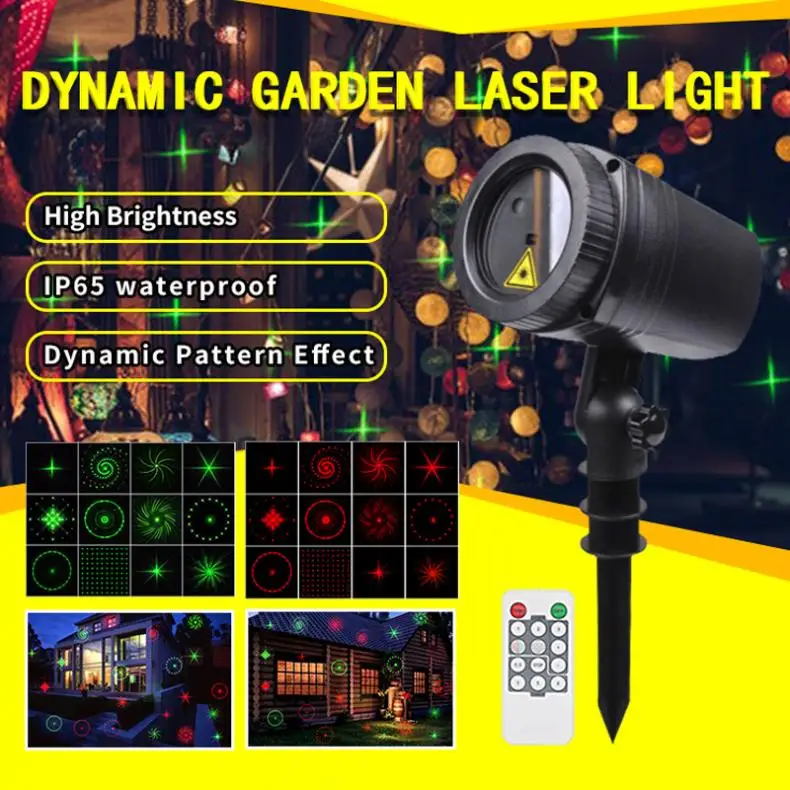 

12 Red Green Dynamic Patterns LED Outdoor Lawn Lamp Projector Laser Light RF Remote Control for Christmas Holiday Party