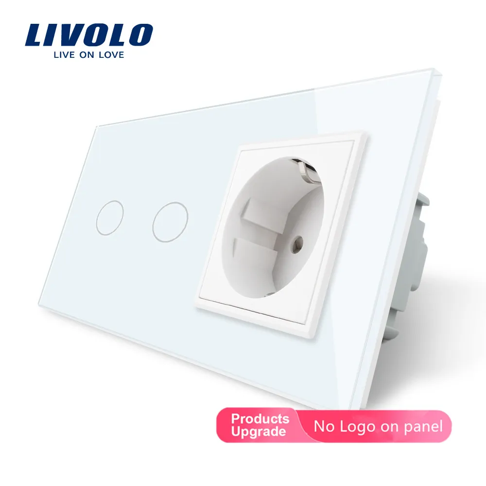 White-No logo Livolo 16A ЕС стандартная настенная розетка с сенсорным выключателем, AC220~ 250 В, 7 цветов кристальная стеклянная панель, C702-C7C1EU-11, без логотипа - Тип: White-No logo