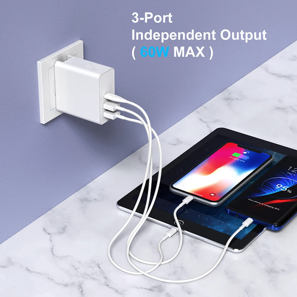 60 Вт быстрое зарядное устройство PD + QC 3 0 Type C USB для iPhone Samsung Xiaomi Huawei FCP настенное
