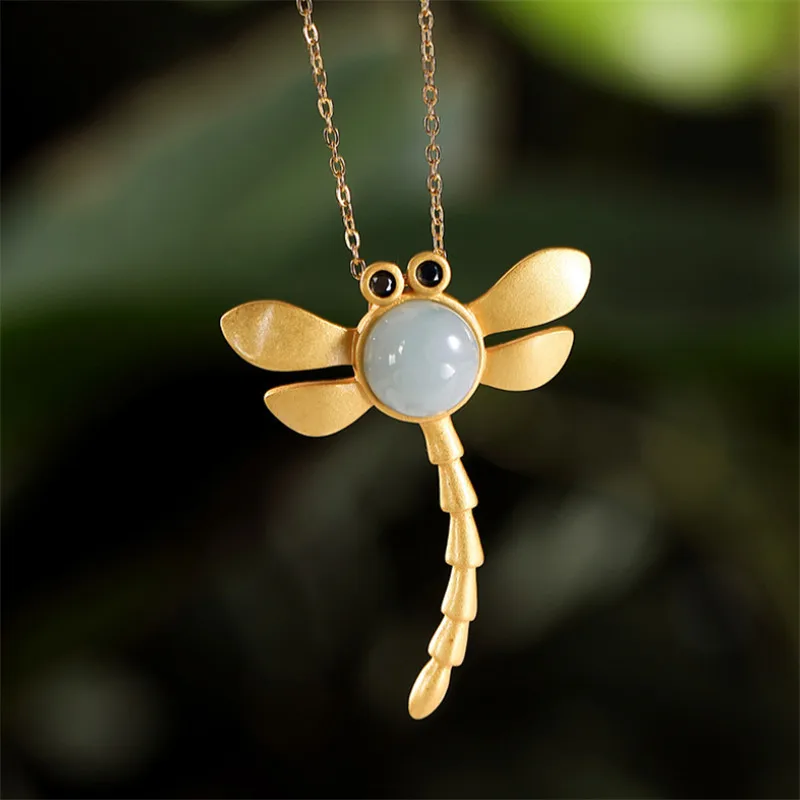 

Uglyless Gold Dragonfly Creative Lovely Necklaces Women Agate Water Drop Pendants + Chains Real 925 Silver Insects Jewelry P749