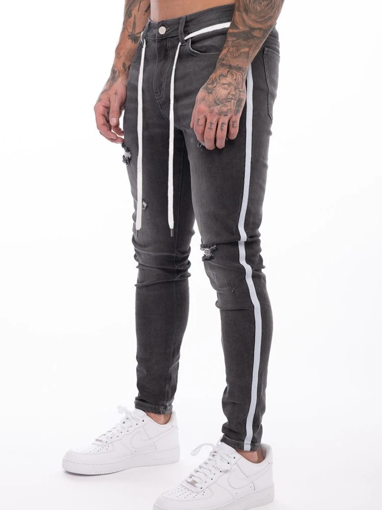 New Men's Skinny Casual Fashion Jeans Splicing Ripped Trousers Beggar Pants Male Hip Hop Denim Trousers