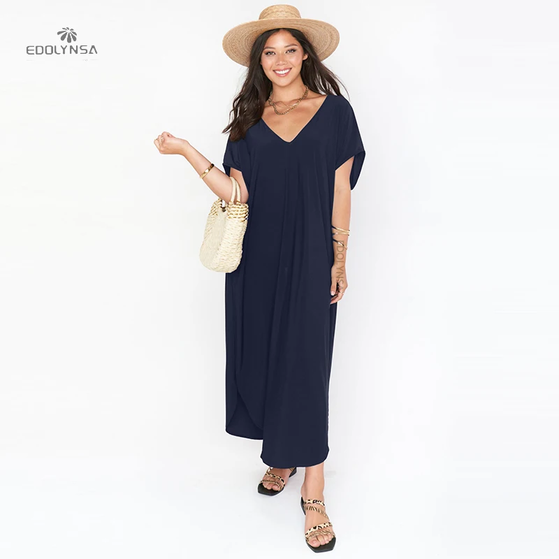 

2023 Sexy V-neck Short Dress Sleeve Long Kaftan Woman Clothing Summer Casual Dress Beach Wear Solid Dresses A1035