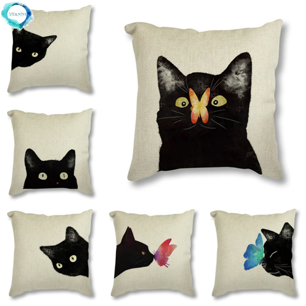 Sofa Animal Cotton Linen Cushion Cover Black Cat with Butter