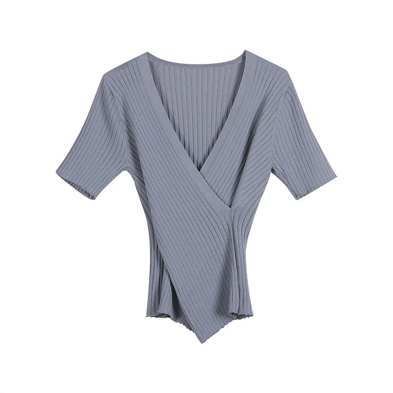 

Cross V-neck Slim Fit Knit Sweaters Women Tshirts Summer Thin OL Style Korean Temperament Women Tshirts Simple Solid Tshirts