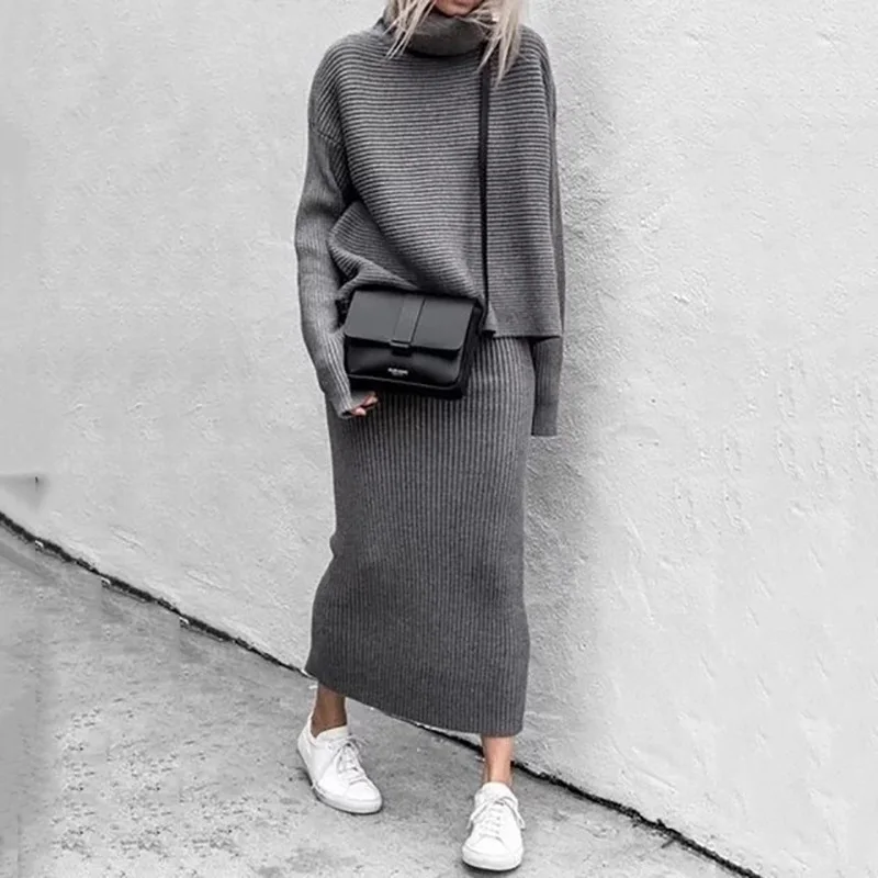 

Women Two Piece Sets Fashion Solid Turtleneck Knitted Sweatshirt + Slim Skirt Suits Autumn Casual Long Sleeve Outfits Streetwear