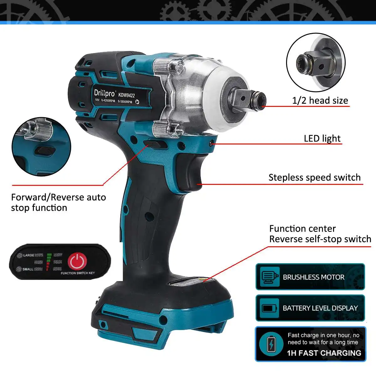 Drillpro 3 в 1 бесщеточный Электрический ударный гайковерт 1/2 дюйма Электроинструмент